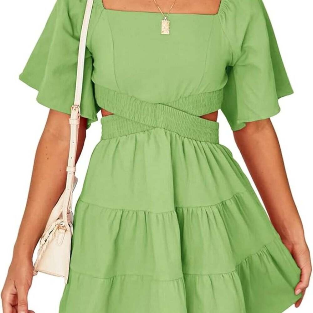 Shy Velvet Green Summer Dress Square Neck Short Sleeves Crossover Waist Sz XL